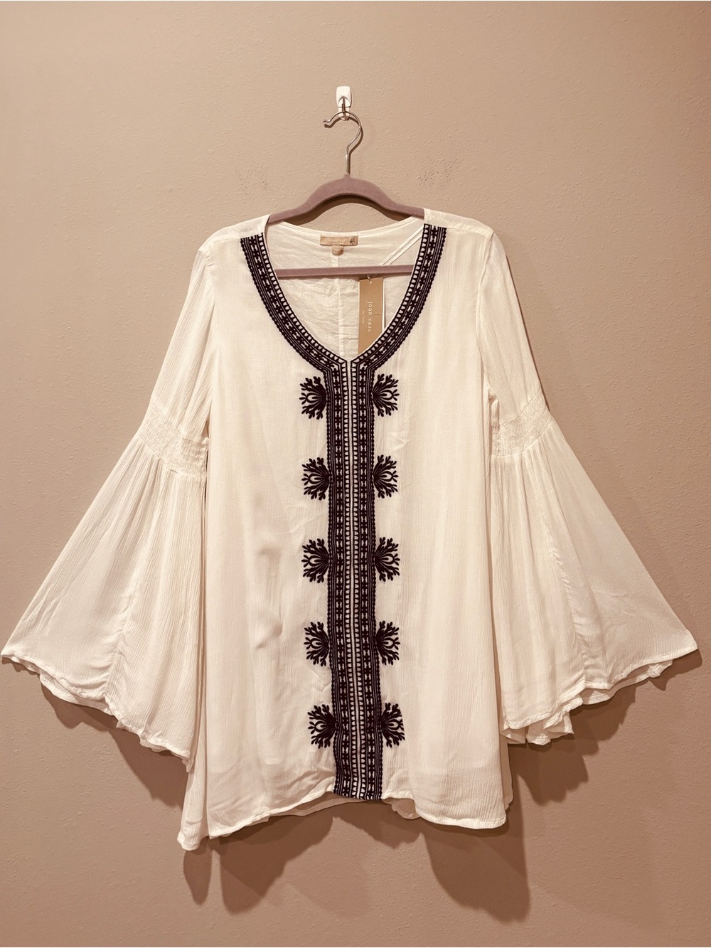 Joan Vass White Navy Boho Tunic Medium Comfy Beach Resort Wear Floral Embroidery